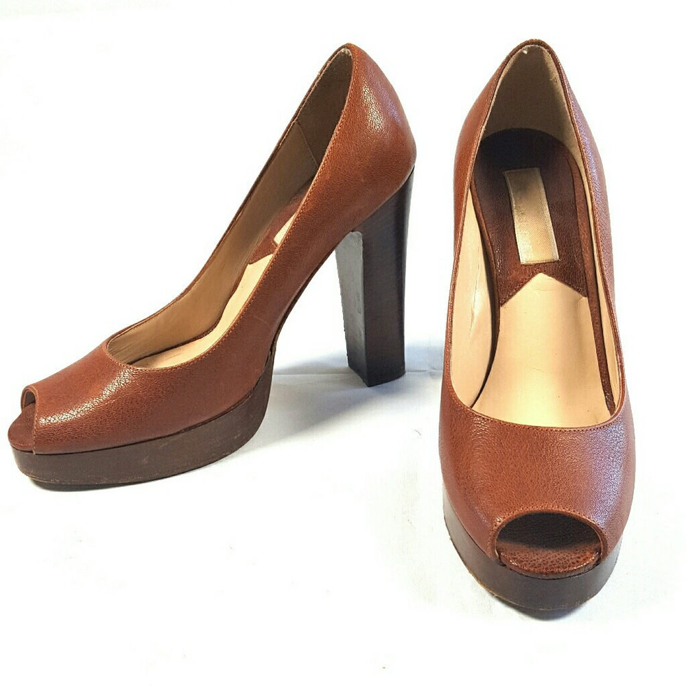 MICHAEL KORS Brown Leather Chunky Peep Toe Heels